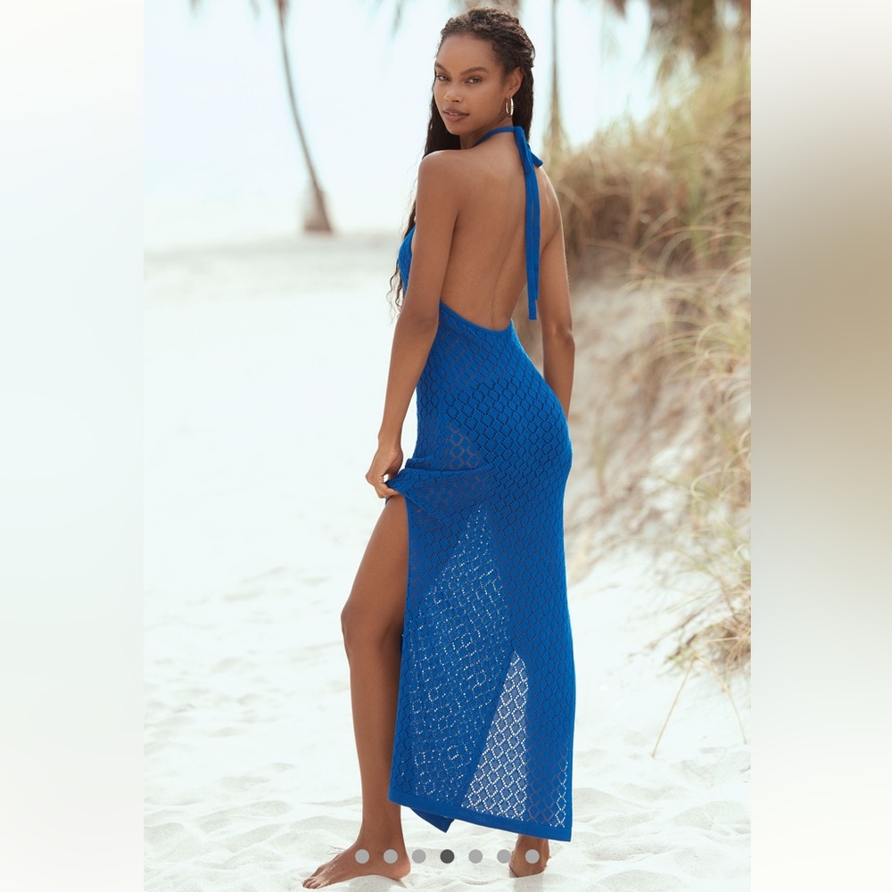 Anthropologie NWT Sz L stunning blue crocheted top-rated halter cover-up dress - Picture 8 of 16